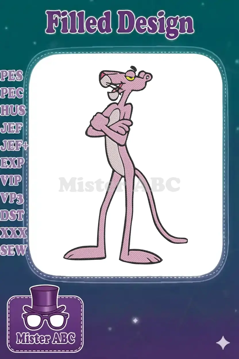 A vibrant embroidery design of the Pink Panther, standing with arms crossed, exuding his signature cool demeanor.