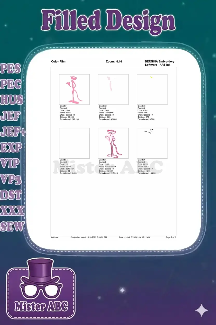 A color film breakdown of the Pink Panther embroidery design, showing each individual color stop and stitch sequence.