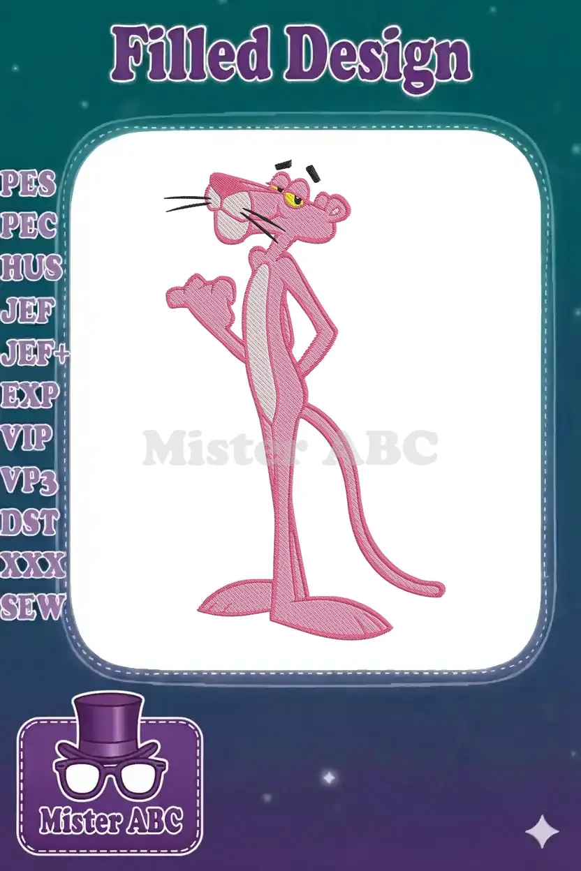 A vibrant digital embroidery design of the Pink Panther, standing with one hand on his hip, on a white background.