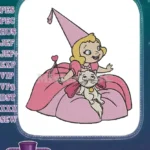 Adorable baby princess with cat and magic wand embroidery designs - Instant Download
