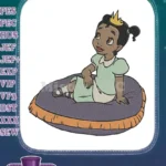 Cute Baby Princess Tiana in Crown sitting on Cushion embroidery designs - Instant Download