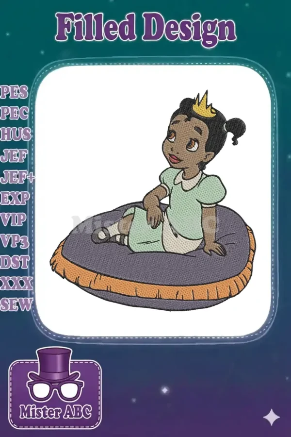 A charming embroidery design of a young princess with a crown, sitting on a purple cushion, gazing upwards with innocence.