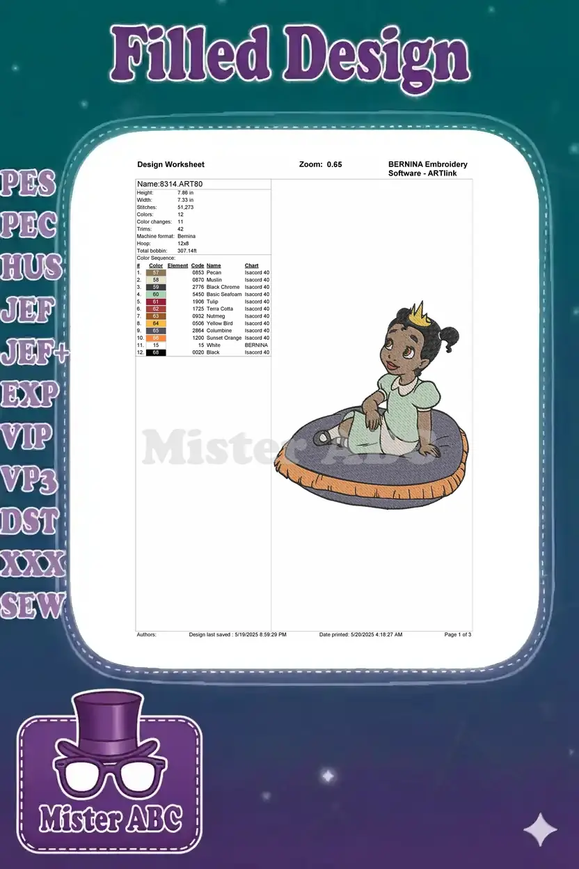 A detailed embroidery design worksheet displaying technical specifications, color sequence, and thread information.