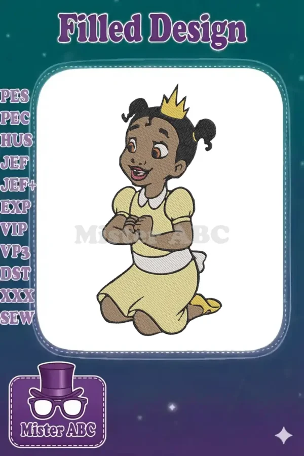 A charming embroidery of young Princess Tiana, kneeling with hands clasped, wearing a yellow dress and small crown.