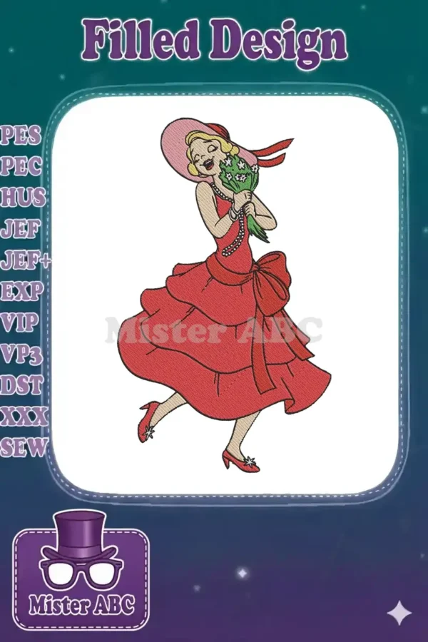 A stunning embroidery design featuring a joyful vintage lady in a vibrant red tiered dress, holding a bouquet.