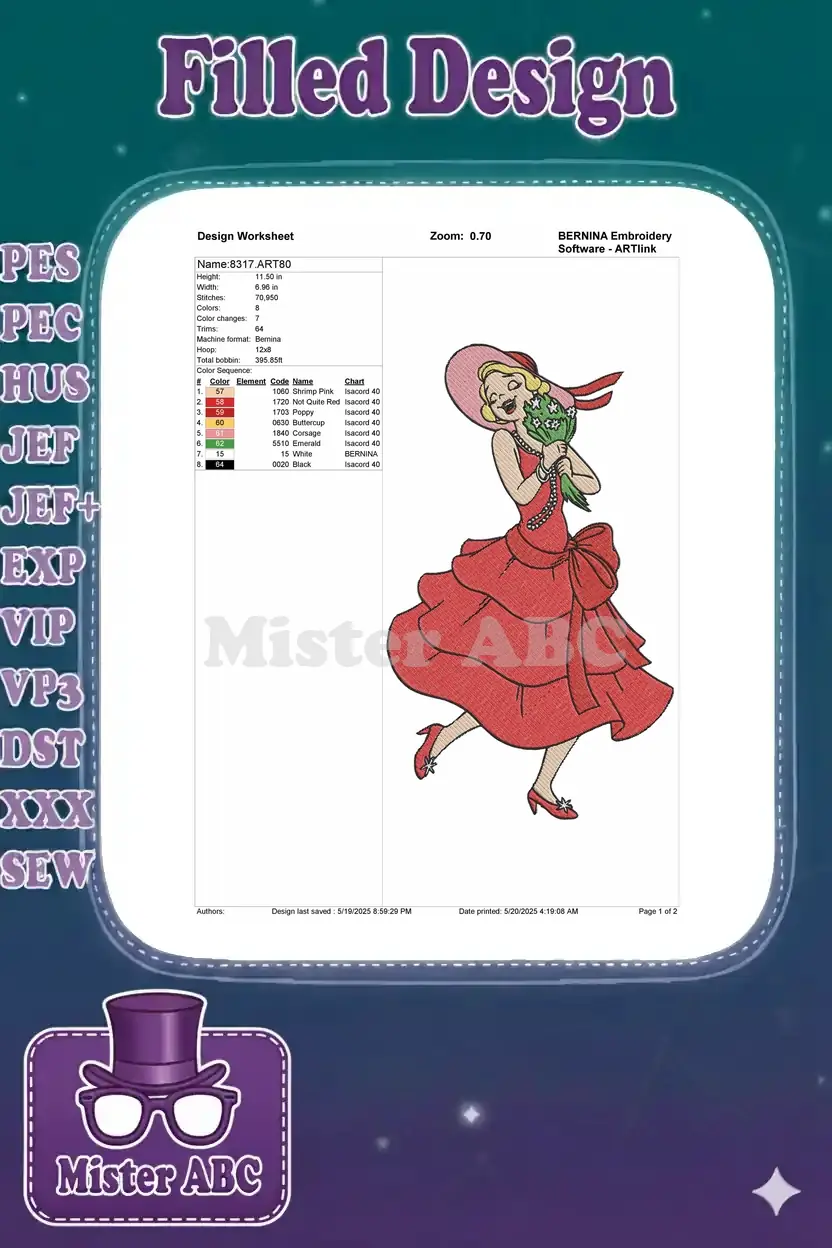 Comprehensive design worksheet for the vintage lady embroidery, detailing stitches, dimensions, and color sequence.