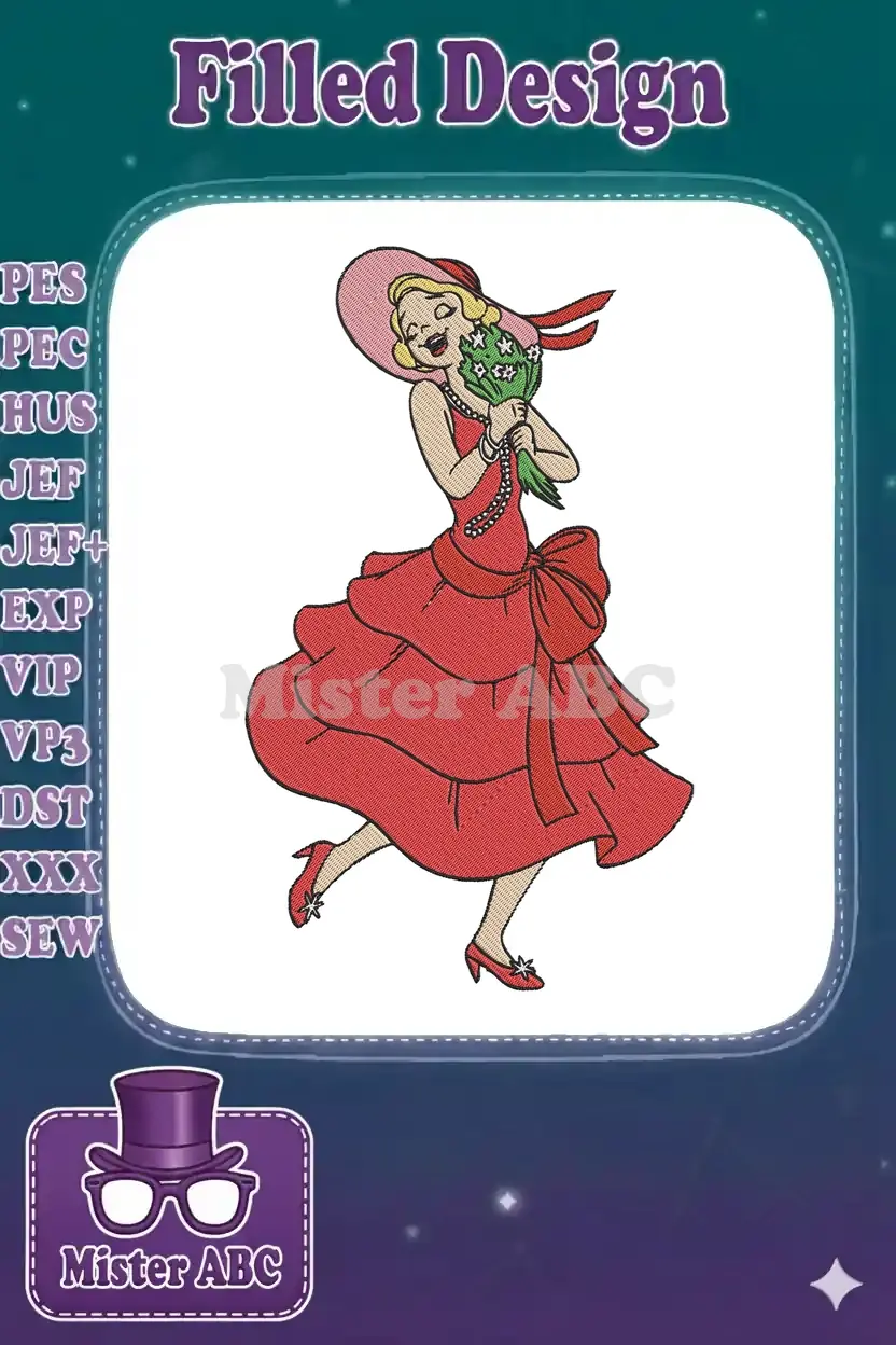 A stunning embroidery design featuring a joyful vintage lady in a vibrant red tiered dress, holding a bouquet.