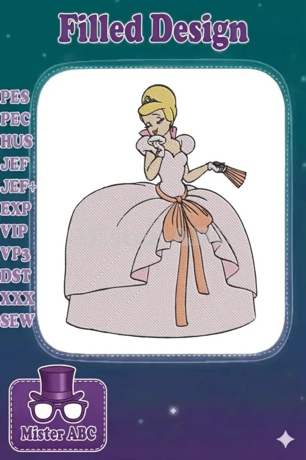 Full view of a charming Cinderella embroidery design, featuring her in a pink ball gown with a fan.