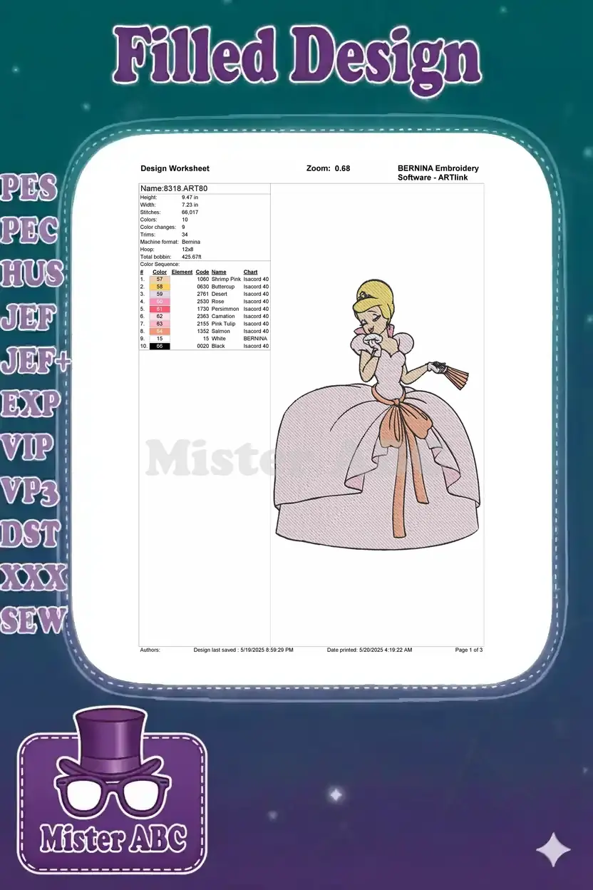 Embroidery design worksheet for Cinderella, showing dimensions, stitch count, colors, and machine format.
