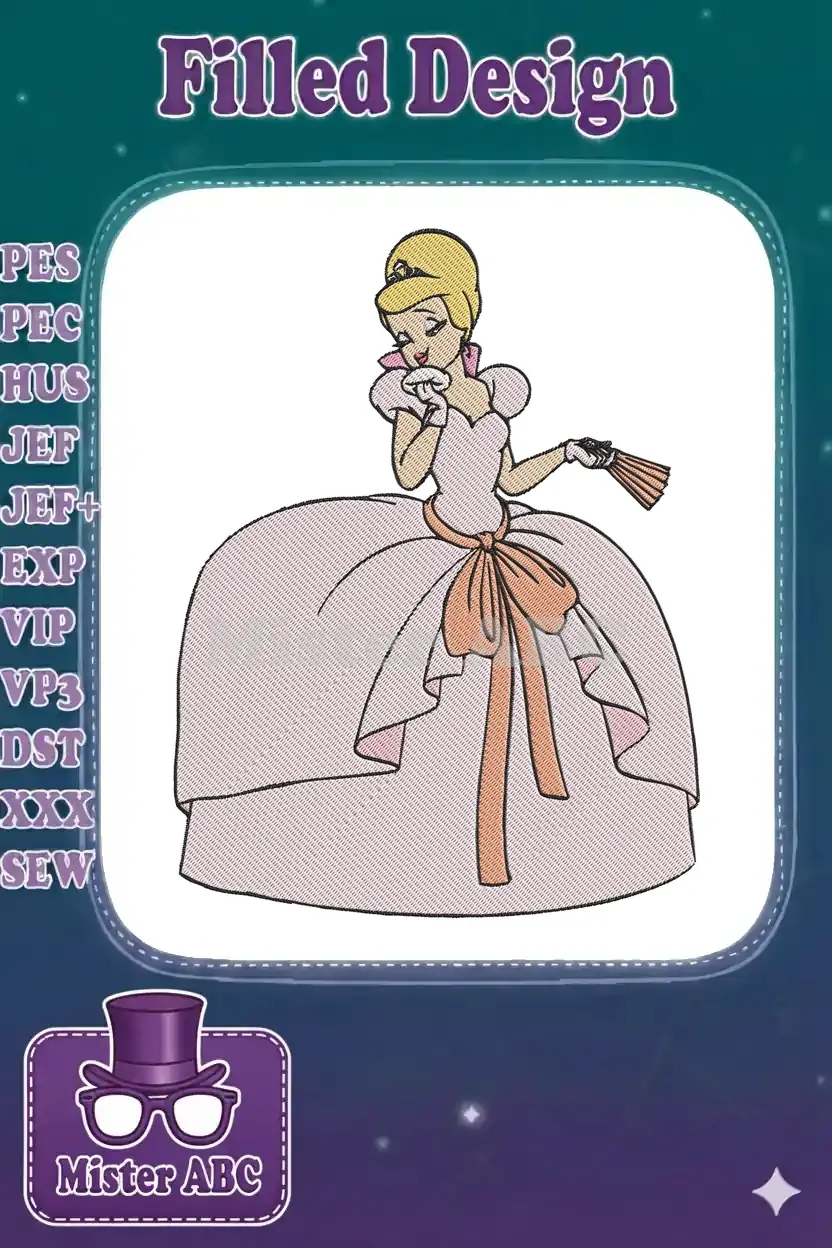 Full view of a charming Cinderella embroidery design, featuring her in a pink ball gown with a fan.