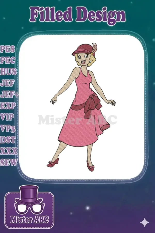 A vibrant embroidery design of a smiling blonde woman in a pink flapper dress, red hat with feather, and shoes.