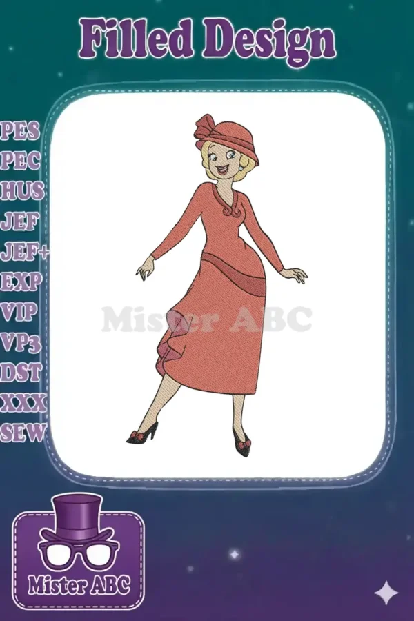 Elegant 1920s flapper woman embroidery design, showcasing a smiling blonde character in a vibrant red-orange dress and hat.