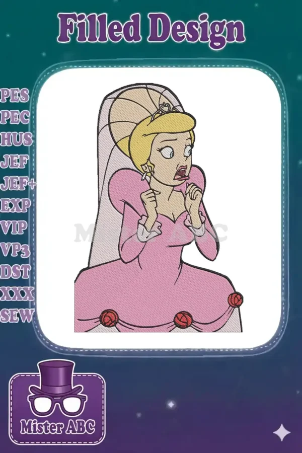 A detailed embroidery design of a blonde princess in a pink gown with a surprised, wide-eyed expression.