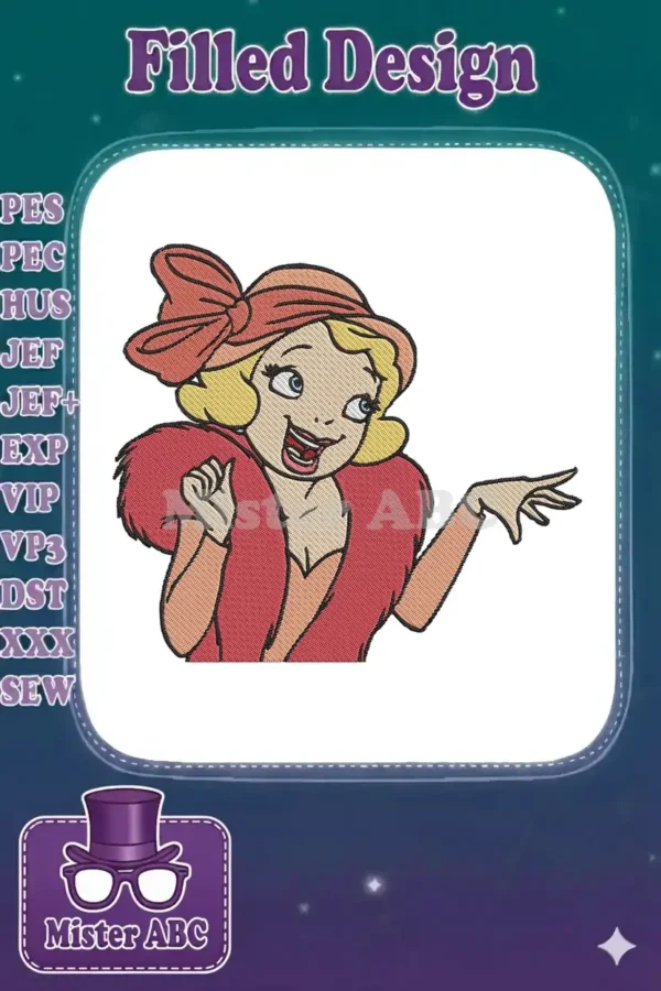 Detailed embroidery of Anastasia Tremaine from Disney's Cinderella, featuring a large pink bow hat and fur stole.