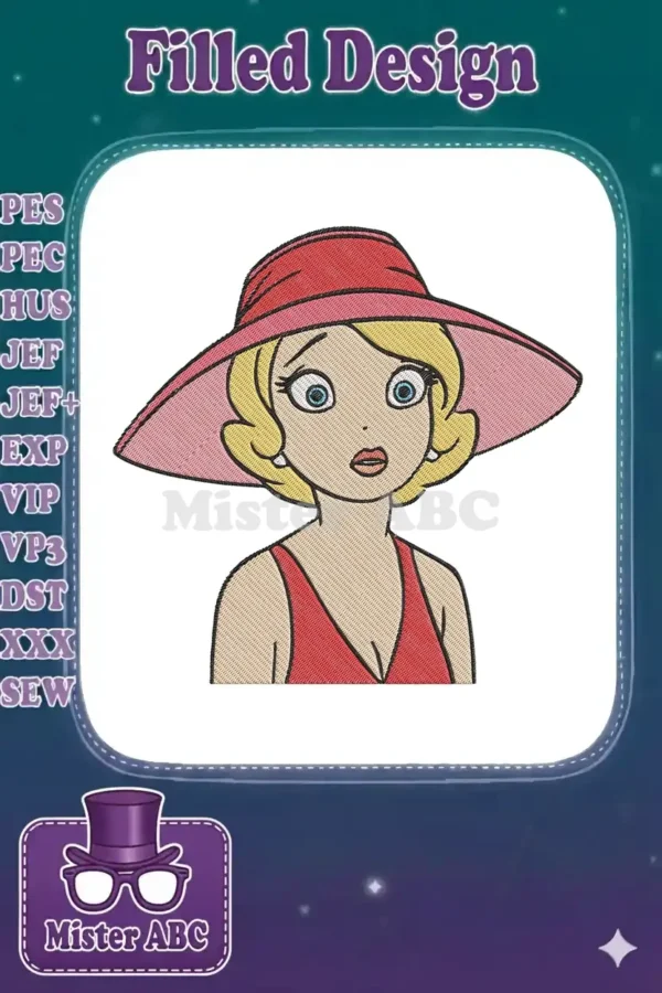 Close-up of a vibrant embroidery design: a blonde woman with wide eyes, red hat, and a surprised expression.