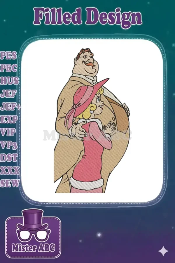 Classic cartoon embroidery of Mr. Magoo and Daisy in a warm embrace, showcasing vibrant colors and detailed stitching.