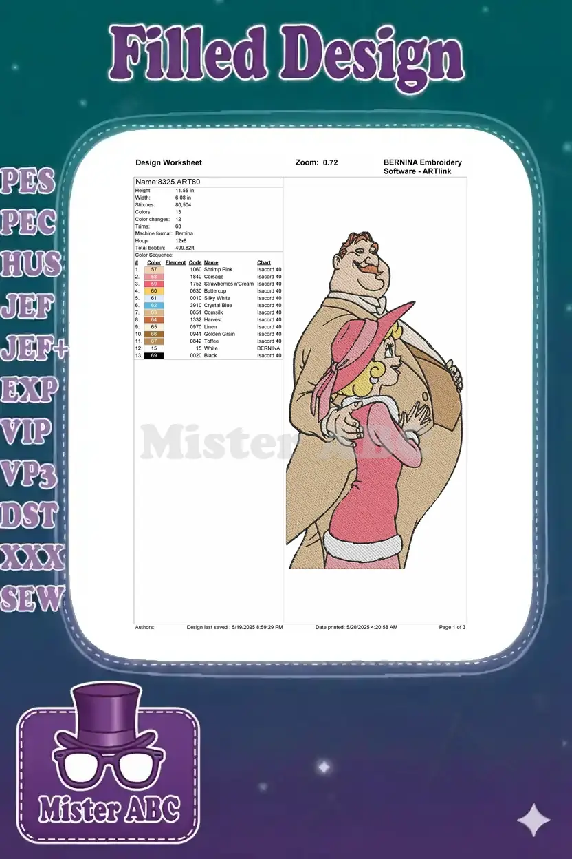 Detailed embroidery design worksheet for '8325.ART80', showing dimensions, stitch count, and 13 color sequence.