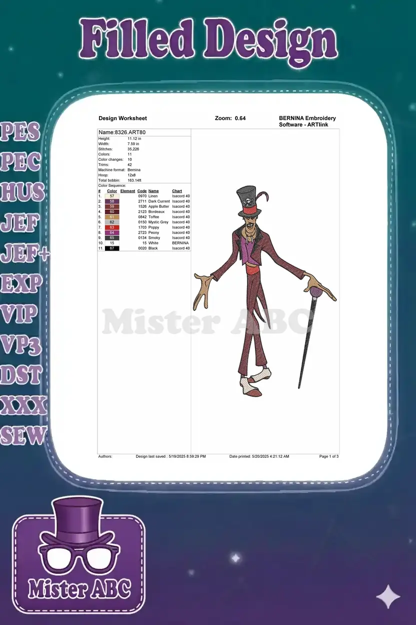 Embroidery design worksheet for Dr. Facilier, showing dimensions, stitch count, color changes, and machine details.