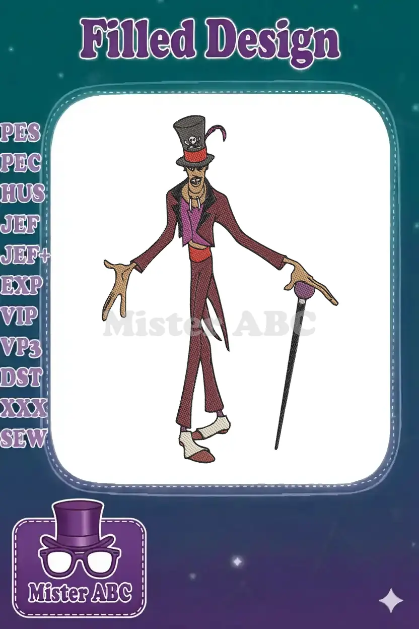 Full view of Dr. Facilier embroidery design, featuring his signature top hat, cane, and purple suit.