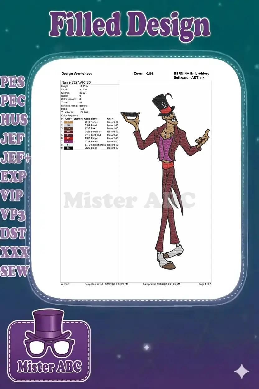 Embroidery design worksheet for Dr. Facilier, detailing dimensions, stitch count, and thread colors.