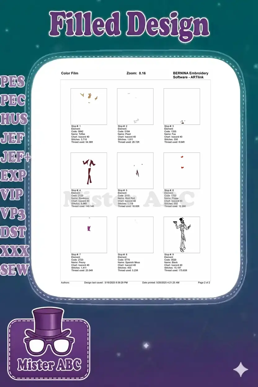 Color film sequence for Dr. Facilier embroidery, illustrating the stitching order for each color.