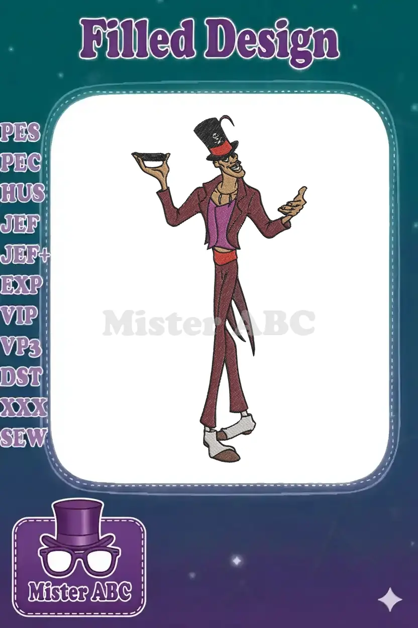 A vibrant embroidery design featuring Dr. Facilier from Disney's Princess and the Frog, with a voodoo mask.