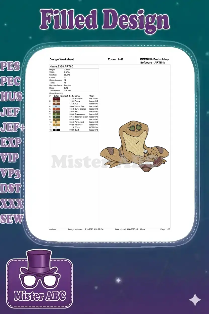 Detailed embroidery design worksheet showing thread colors, stitch count, dimensions, and machine format.