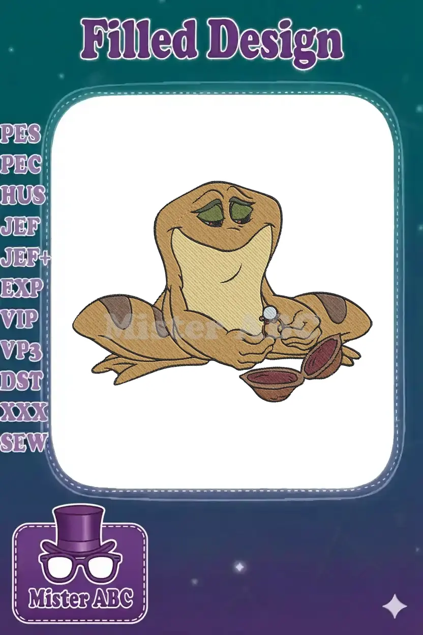 Charming embroidery of a frog prince, reminiscent of Naveen, presenting a sparkling engagement ring.