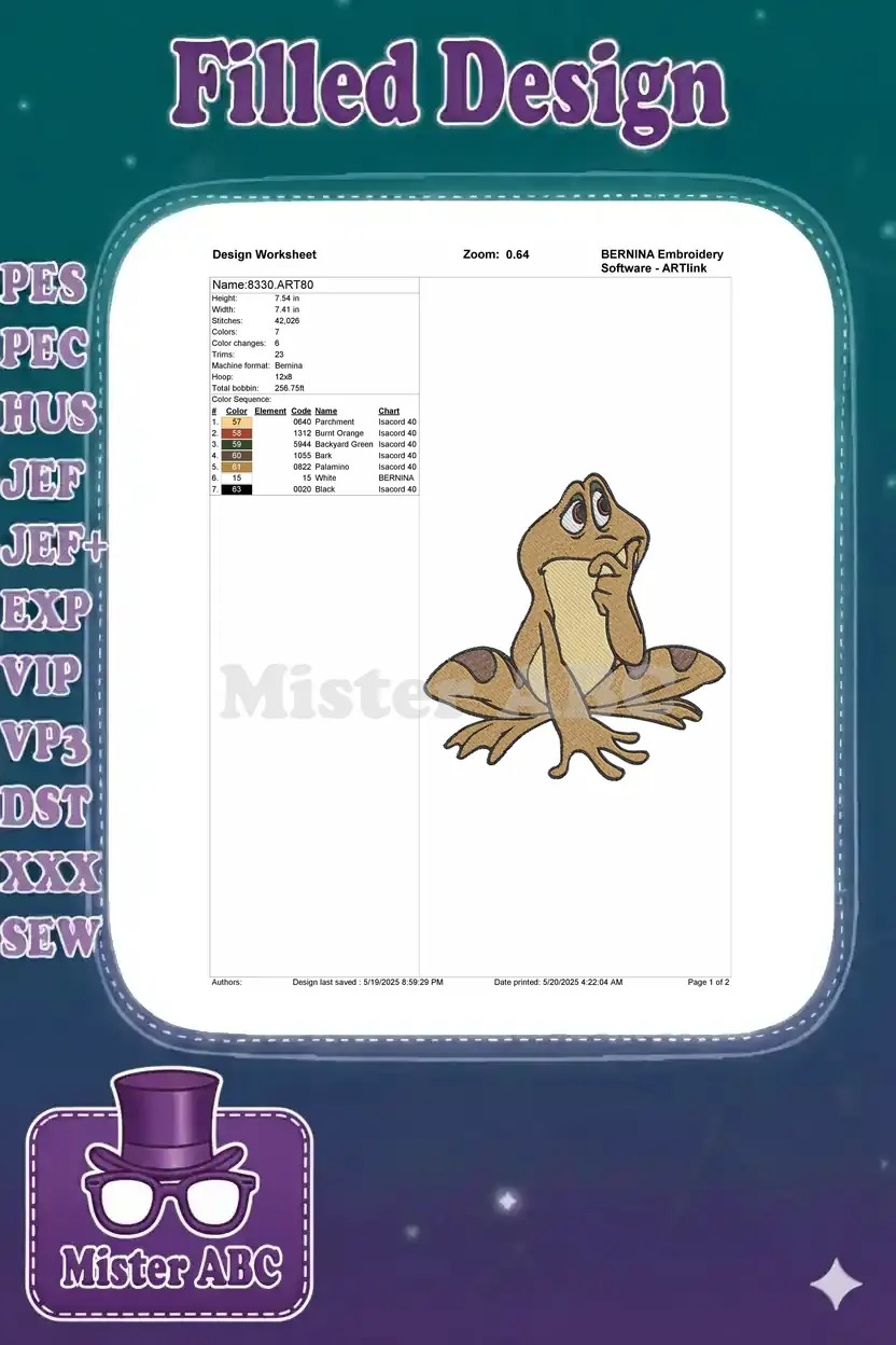 Embroidery design worksheet for the thoughtful frog, detailing size, stitch count, color sequence, and thread usage.