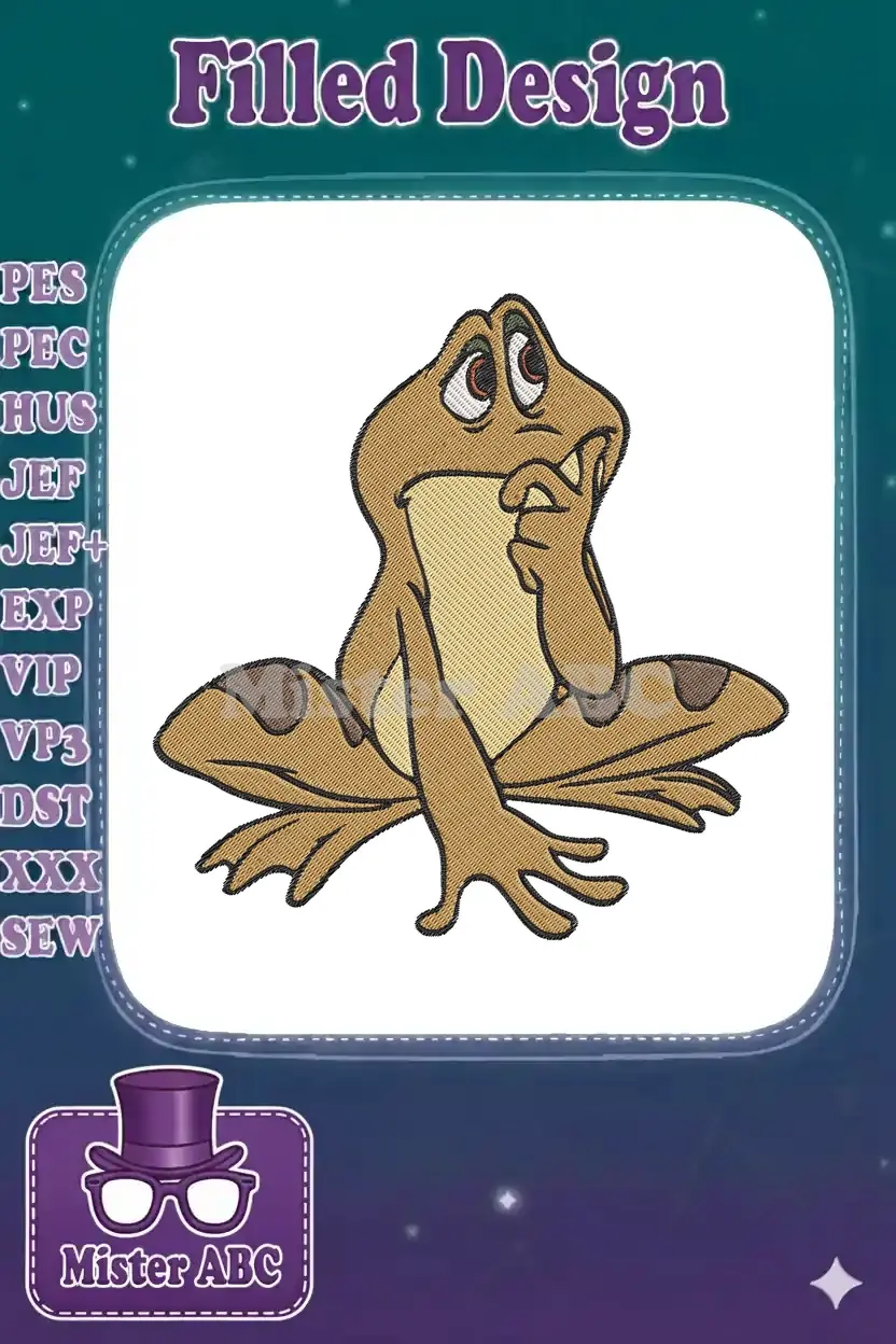 Close-up of a charming, thoughtful frog embroidery design, rendered in shades of brown and green on a white background.