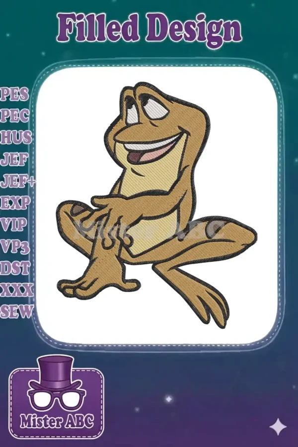 A cheerful, light brown cartoon frog embroidery design, sitting with a wide smile and expressive eyes, ready to stitch.
