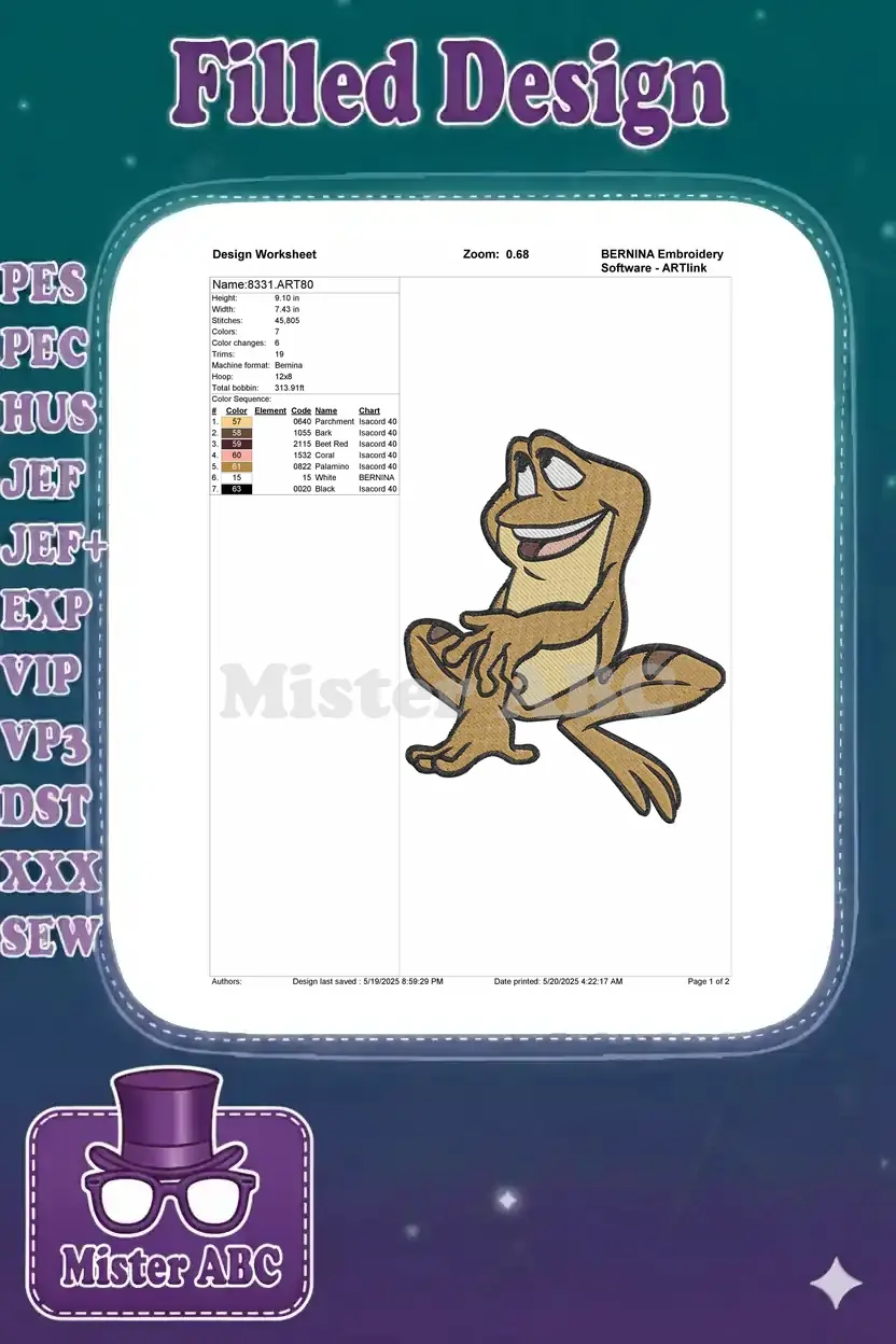 An embroidery design worksheet for the frog, detailing dimensions, stitch count, thread colors, and machine compatibility.