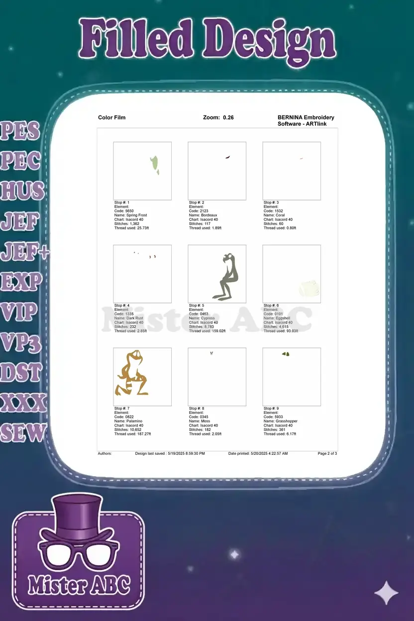 First part of the color film sequence, illustrating the initial embroidery stitch order and thread colors used.