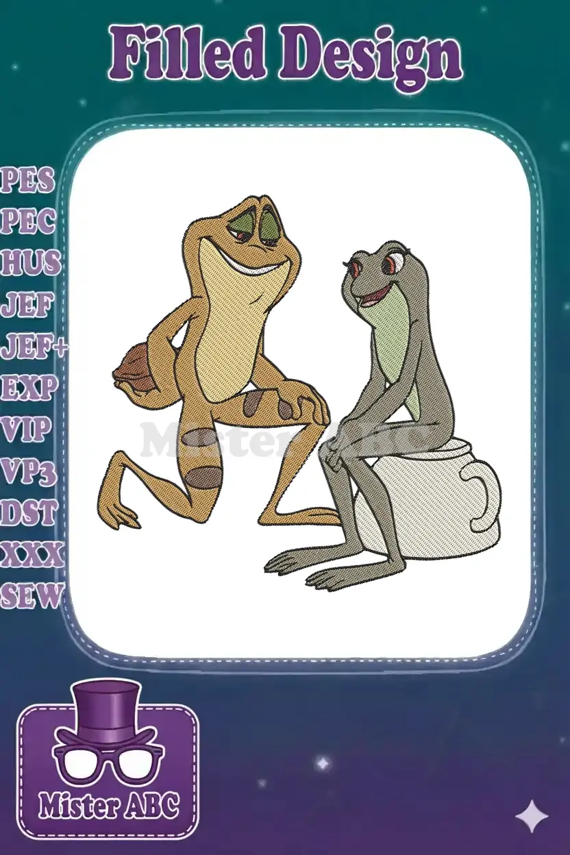 Romantic embroidery of Princess Tiana and Prince Naveen as frogs, with Naveen kneeling and Tiana on a teapot.