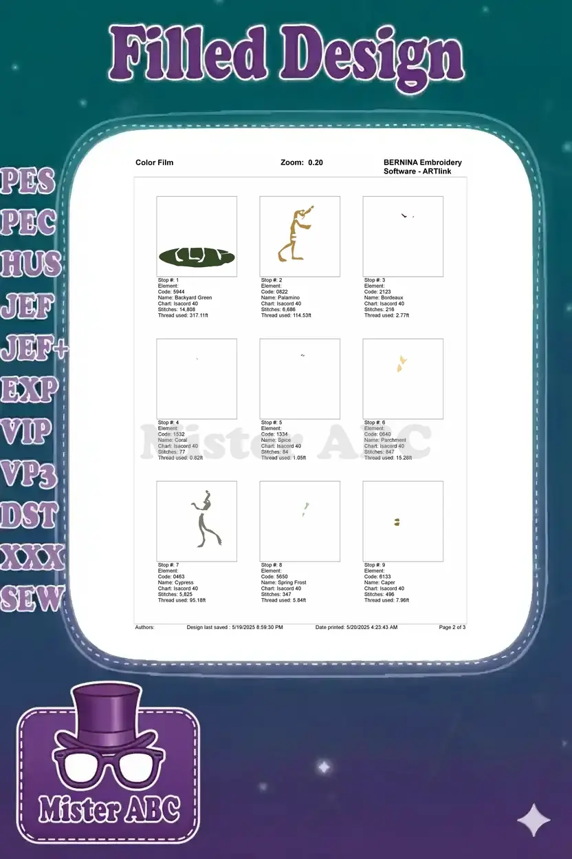 First page of the color film, showing individual stitch-outs for the initial nine colors of the frog embroidery design.