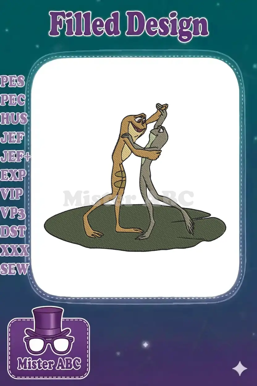 Delightful embroidery design of Princess Tiana and Prince Naveen as frogs, dancing gracefully on a lily pad. Perfect for Disney fans!