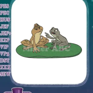 Two animated frogs, one brown and seated, the other grey and gesturing, on a green lily pad embroidery design.