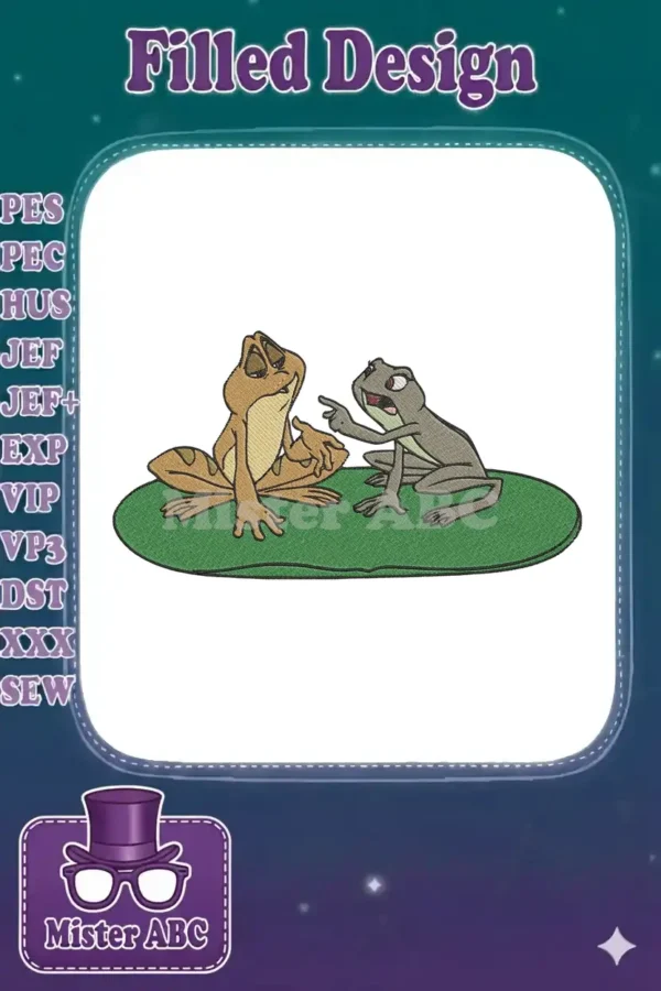 Two animated frogs, one brown and seated, the other grey and gesturing, on a green lily pad embroidery design.
