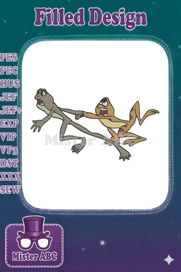 Embroidered design featuring two expressive cartoon frogs, one brown and one green, in a dynamic, fun pose.