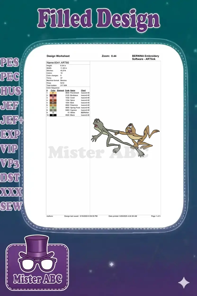 Embroidery design worksheet showing dimensions, stitch count, color sequence, and a preview of the frog design.