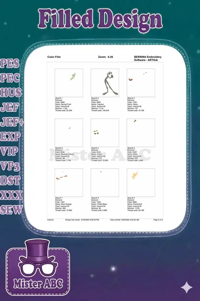 Color film page 1 illustrating the first 9 embroidery thread elements and their stitch order for the frog design.