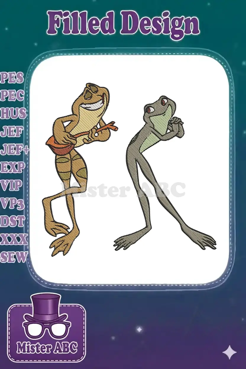 Embroidered design of two animated frogs: one brown, smiling, playing a ukulele, and one gray, poised, looking up.