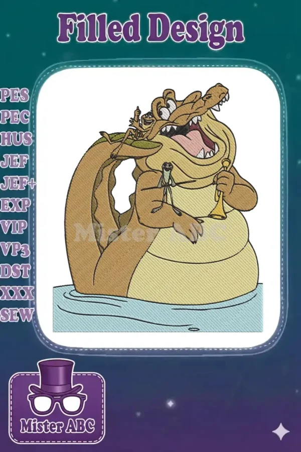 A detailed embroidery design of Louis the alligator from The Princess and the Frog, playing a trumpet with Ray and a frog.