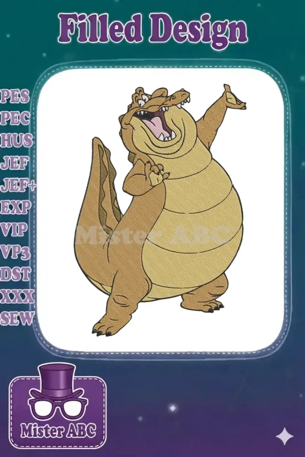 Vibrant embroidery design featuring Louis the Alligator from The Princess and the Frog, mid-song with mouth open.