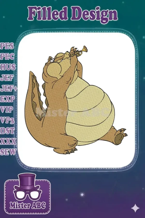Vibrant embroidery design of Louis the Alligator from Disney's Princess and the Frog, playing a golden trumpet.