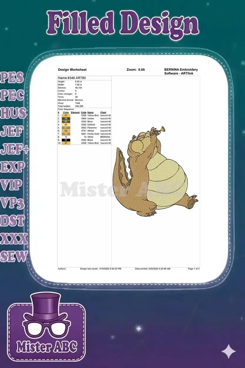 Embroidery design worksheet for Louis the Alligator, showing dimensions, stitch count, and color sequence.