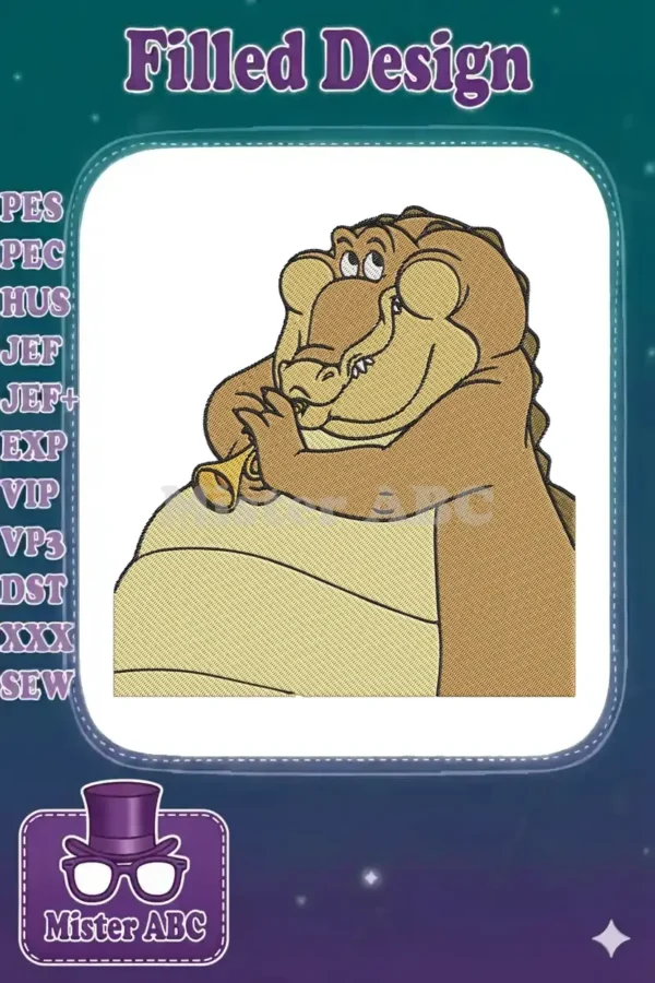 A delightful embroidery of a cartoon alligator joyfully playing a golden trumpet, with rich texture and vibrant colors.