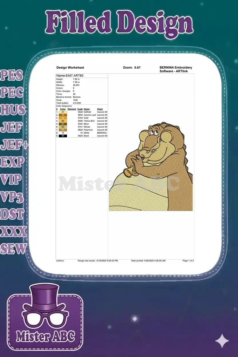 An embroidery design worksheet displaying the musical alligator, with thread color chart and design specifications.