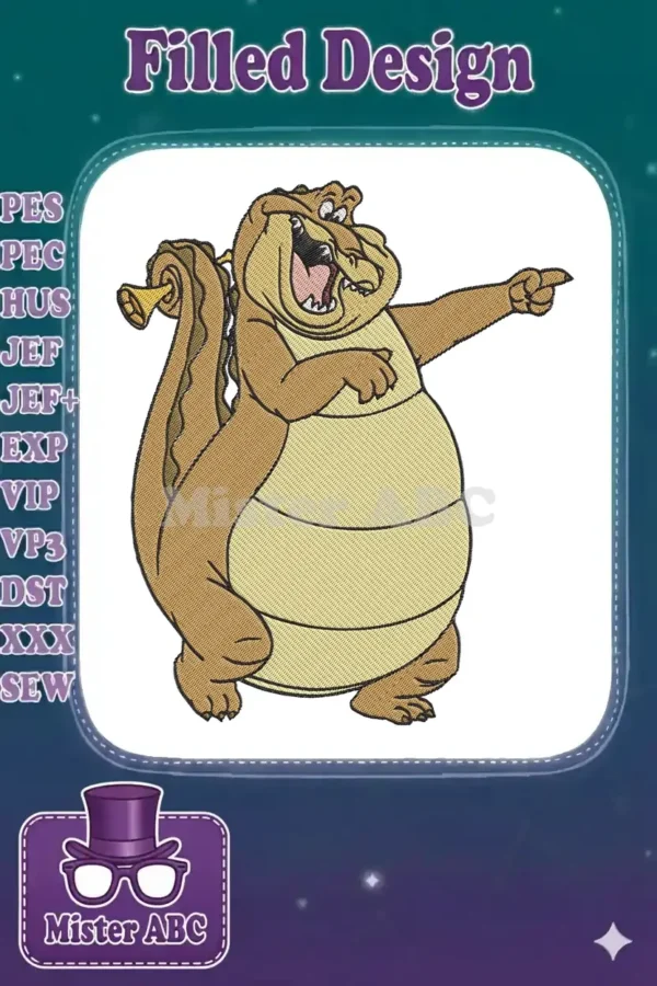 A lively embroidery design of Louis the Alligator from Princess and the Frog, playing his trumpet and pointing.