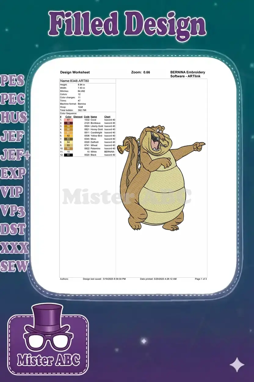 A detailed design worksheet for the Louis the Alligator embroidery, showing dimensions, stitch count, and colors.